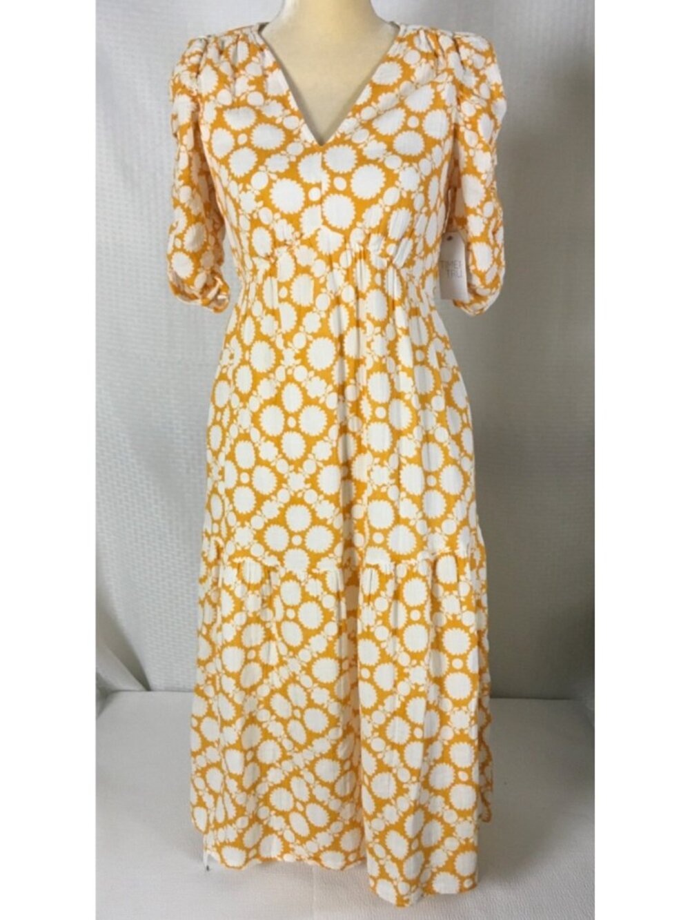 Time and Tru Midi Dress Size XS Yellow White Lined Rushed Short Sleeves New